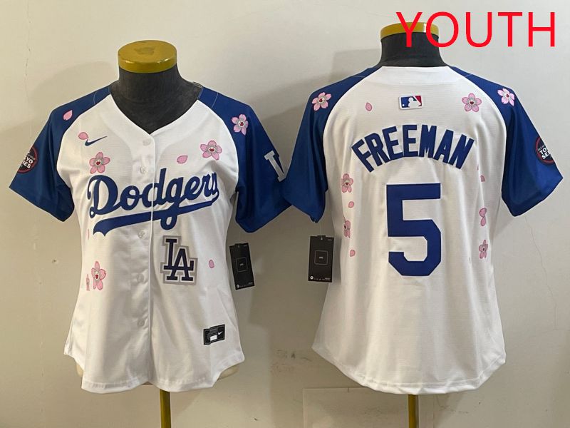 Youth Los Angeles Dodgers #5 Freeman White Blue Sakura Edition 2025 Nike MLB Jersey style 9